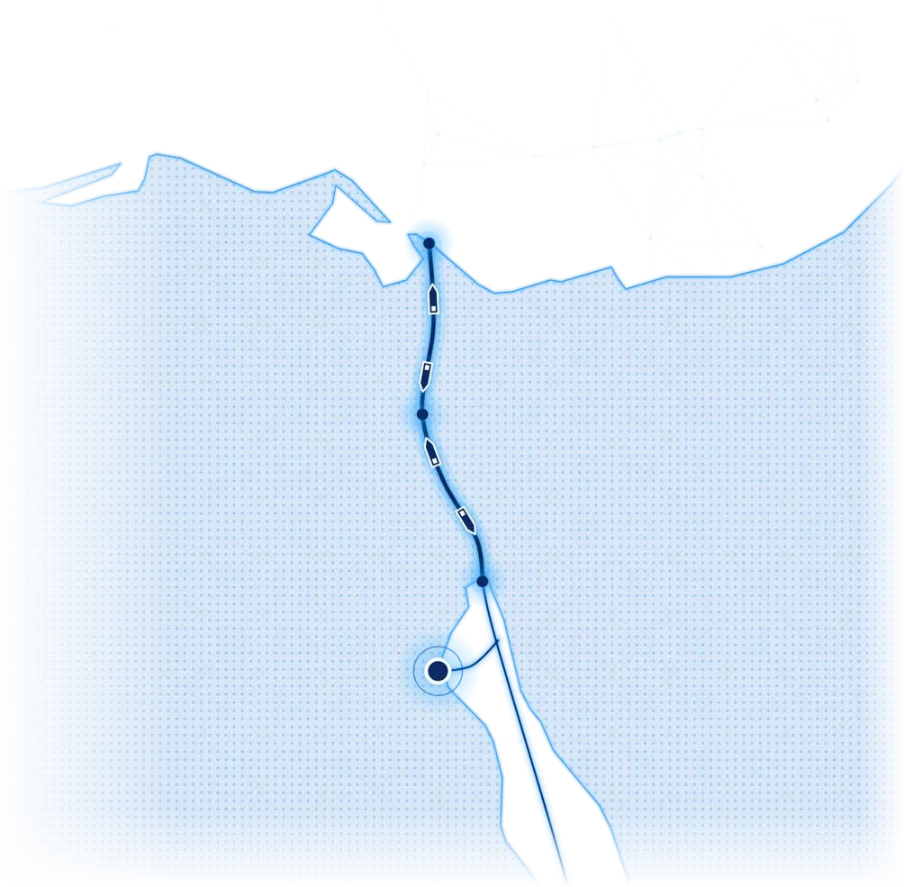 Map of the Suez Canal from Port Said in the north through Ismailia to Suez and Port Sokhna in the south